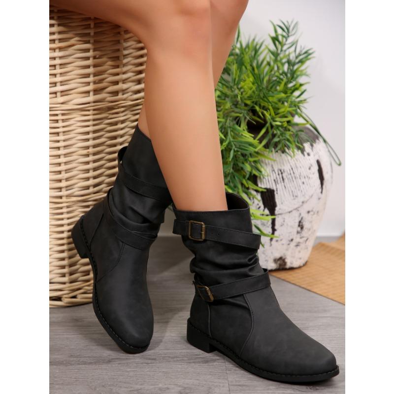 Women's Popular Medium Boots, Women's Autumn and Winter New Boots, Women's Round-toed Flat-bottomed Cigarette Boots