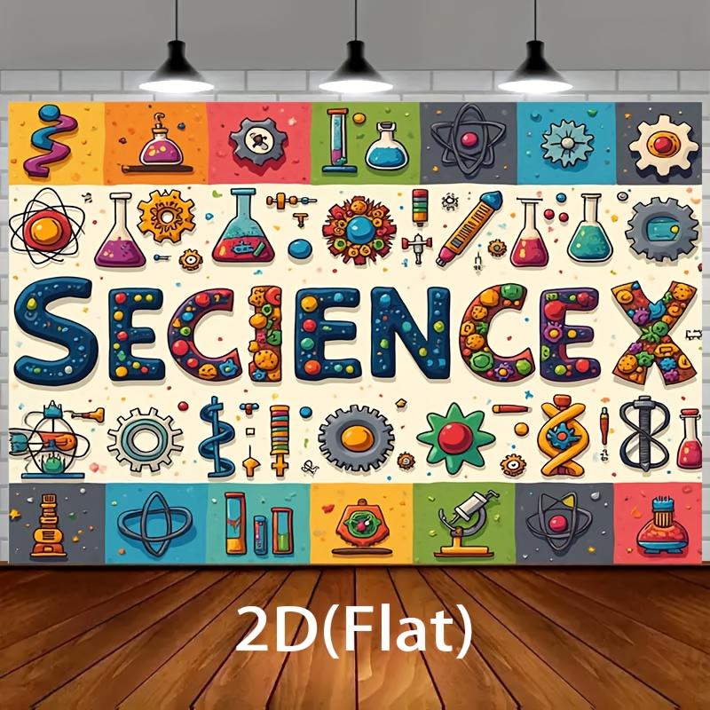 1 piece of 2D flat banner for science-themed party - colorful icons spelling Science , decoration for science party 100x150cm