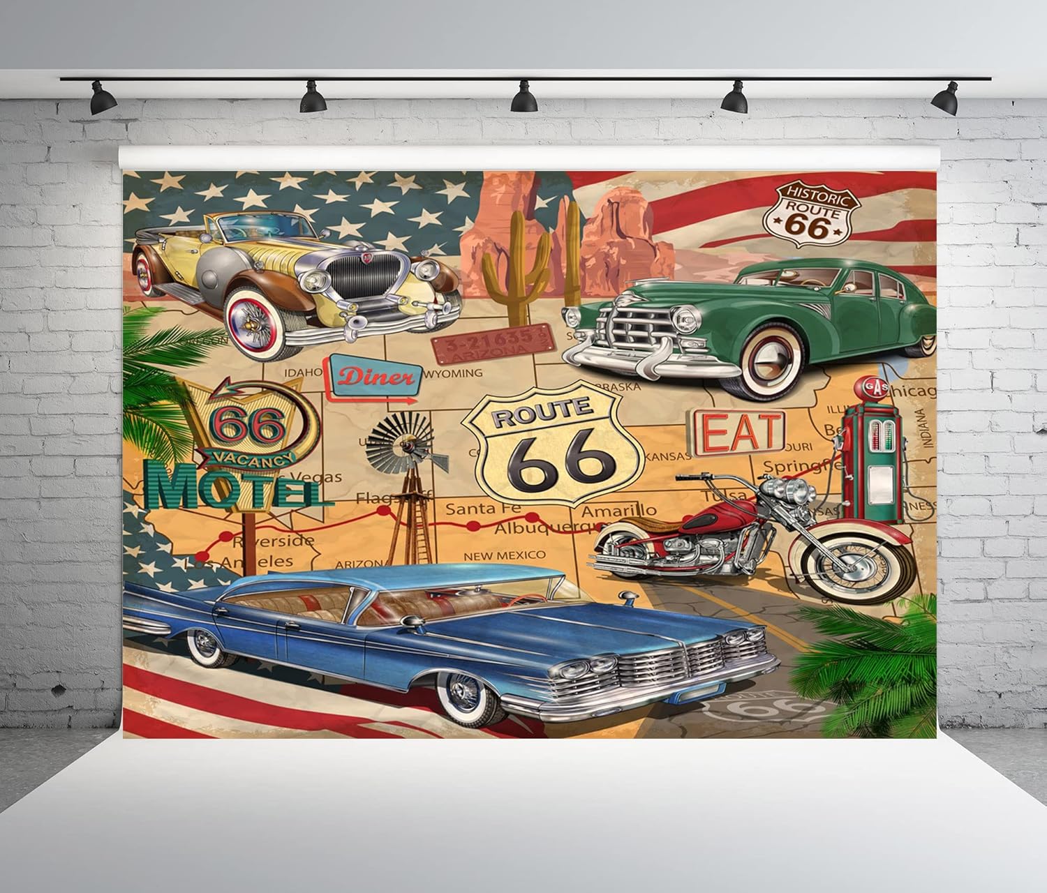 1 item, 2D flat, retro style, 66-themed photography background, comic book retro American history style 66 background, wsj 180x110CM