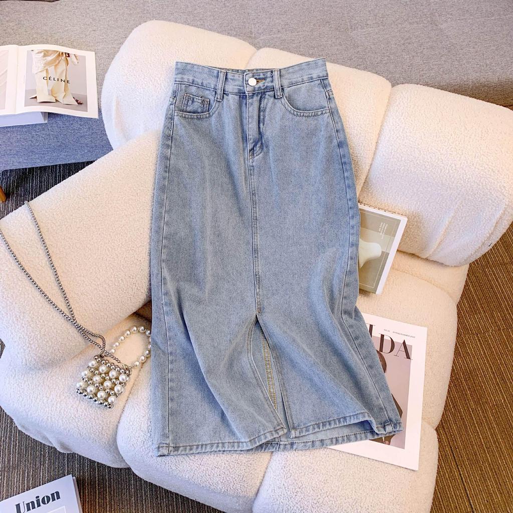 2024 Summer High-Waist Retro Denim Midi Skirt with Slit