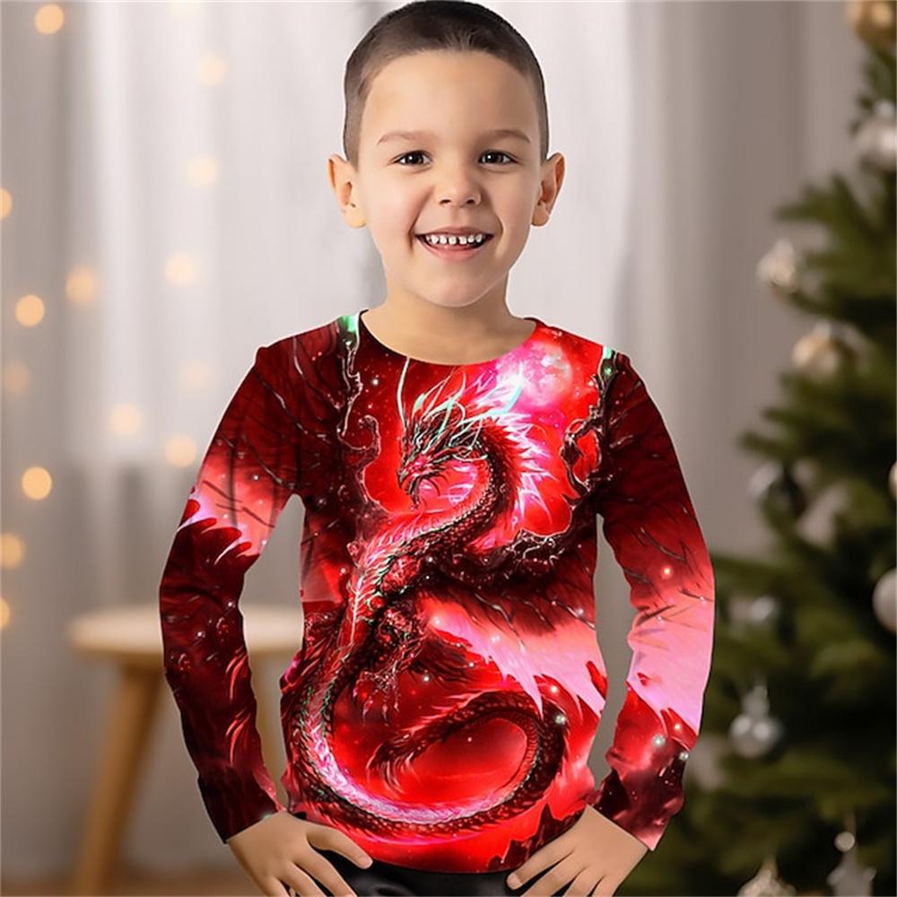 Spring and Autumn Round Neck Dragon Pattern 3D Printed Top Fashionable Casual Long Sleeved Children's Boy T-shirts