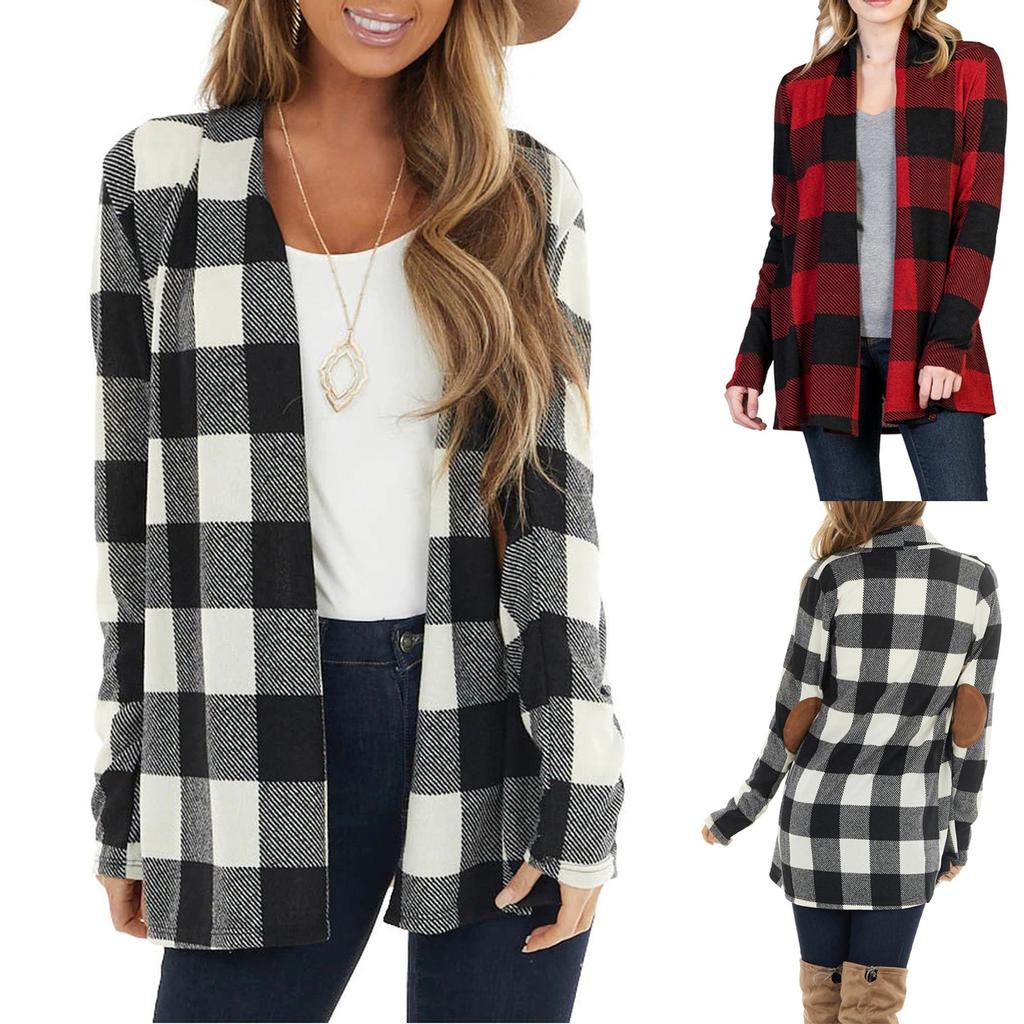 Women's Plaid Print Patch Patchwork Cardigans Open Front Long Sleeve Coat