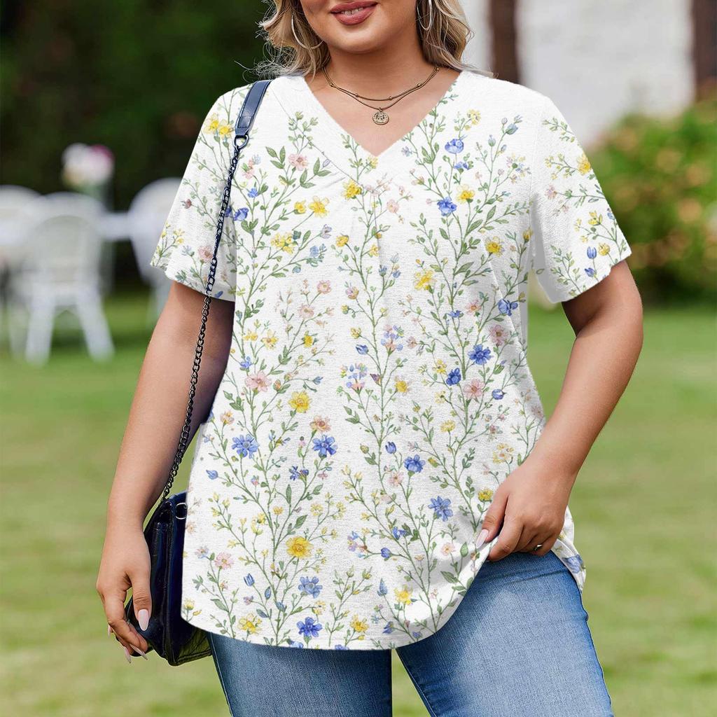 Damska Modna Codzienna Luźna Bluzka Plus Size z Krótkim Rękawem Elegancka z Dekoltem V Do Pracy