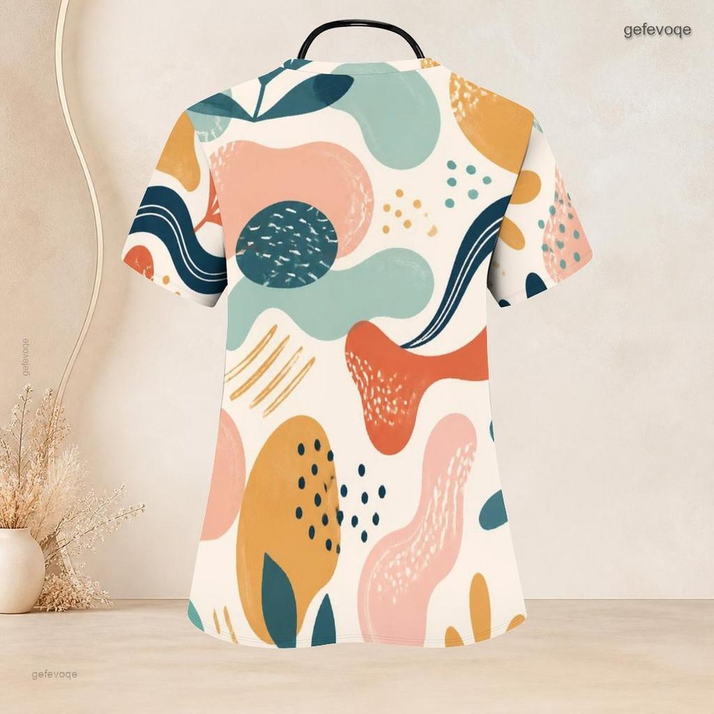 Bata Abstracta Estampada para Mujer Tallas Grandes, Cuello en V, Manga Corta, con Bolsillos Delanteros
