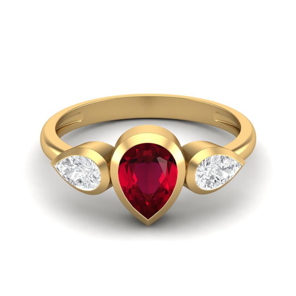 Pear Shape Glass Filled Ruby Gemstone Gold Plated 925 Sterling Silver Ring