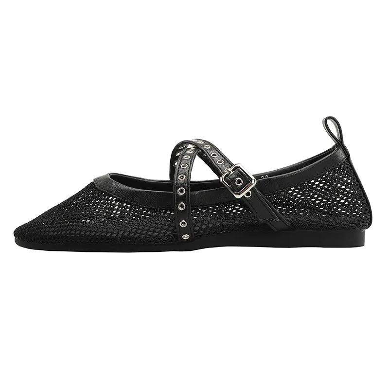 Fashion White Mesh Hollow Ballet Flats Women Summer Lightweight Breathable Casual Shoes for Women Luxury Belt Buckle Strap Mary Janes