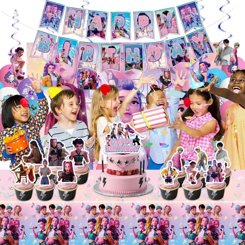 Set de Decoración de Fiesta de Cumpleaños Colorido de Cazadores de Demonios Kpop con Pancarta, Fondo y Más