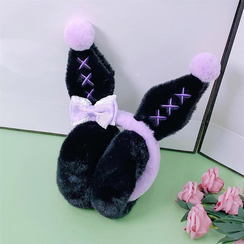 Girls Lovely Bunny Ear Shape Ear Warmer Stuffed Earmuff Warm Plush Winter Earwarmer with Bowknot Decor for Children