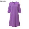 ZANZEA Women Casual Round Neck Loose Summer 3/4 Sleeve Cotton Dress