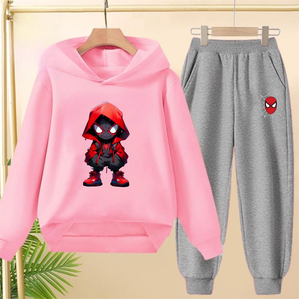 Çocuk Siyah Kapişonlu Örümcek Adam Baskılı Spor Kazak Mont Sweatshirt+Pantolon Erkek Kız Bebek Giysileri Eğlence Seti