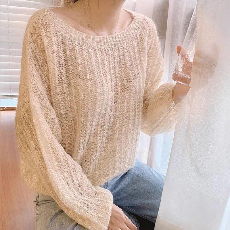 Spring and autumn new mohair V-neck loose lazy style knitted thin pullover hollow sweater top wear women