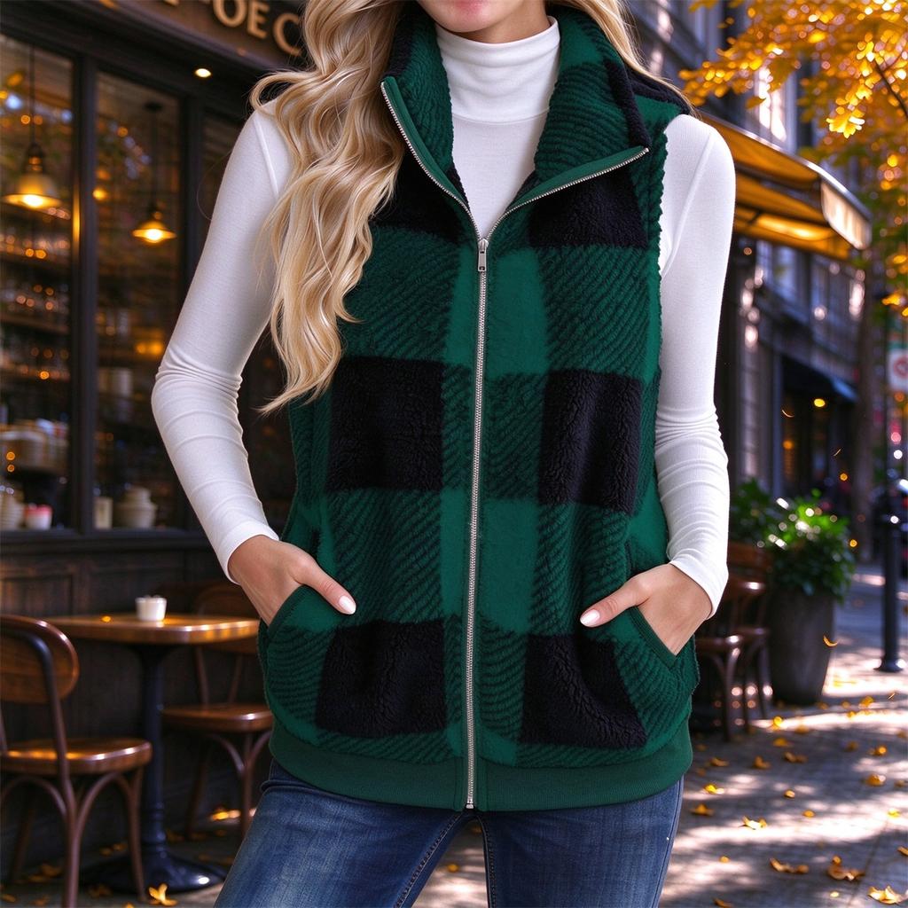 Women's Sleeveless Vest Plaid Zip Up Stand Collar Fuzzy Outerwear for Fall and Winter