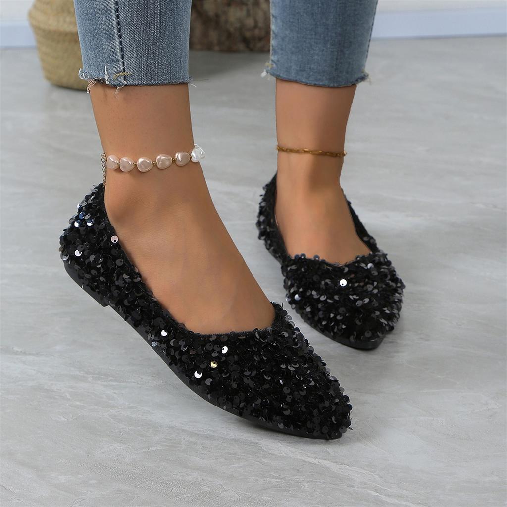 Women's Fashion Large Size Sequin Pointed Toe Casual Flats Slip On Comfortable Lightweight Flexible Sole Stylish Design