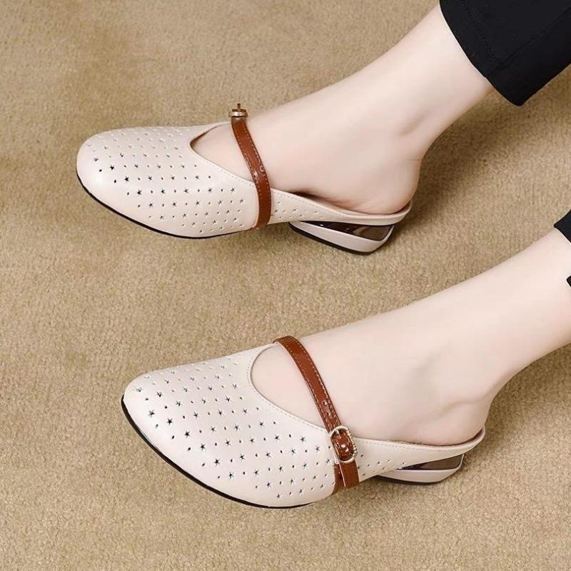 Perforated hollow middle heel comfortable thick heel sandals women's summer color matching hollow sandals round head fashion shoes