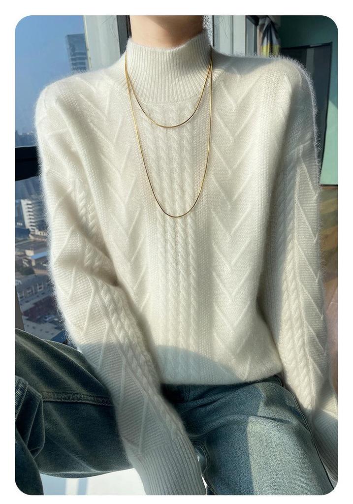 Women's 2024 Autumn/Winter High Neck 100% Pure Wool Cable Knit Sweater