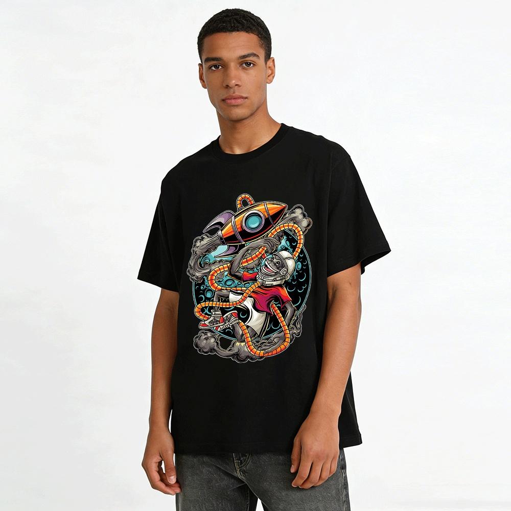 Playful Space Monkey Rocket Print Casual Short Sleeve T-Shirt Pure cotton T-shirt