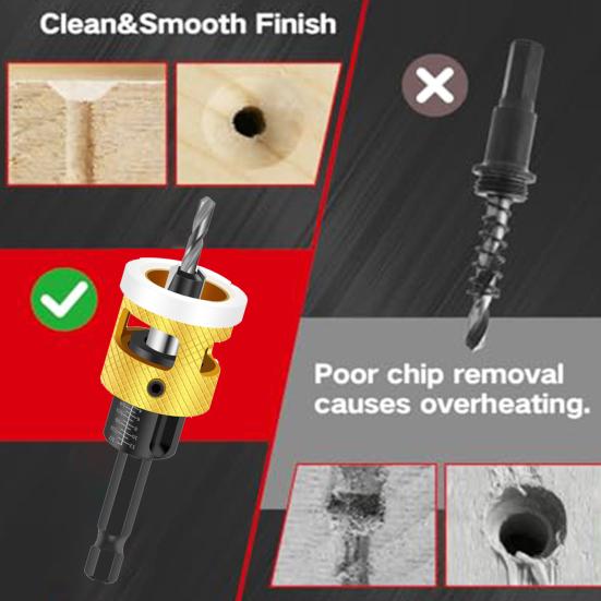 Countersink Drill Bits Set with Adjustable Aluminum Depth Five Dual-Flute Bits TCT Alloy Hole Drill Bits Kit with Wrench Storage Case