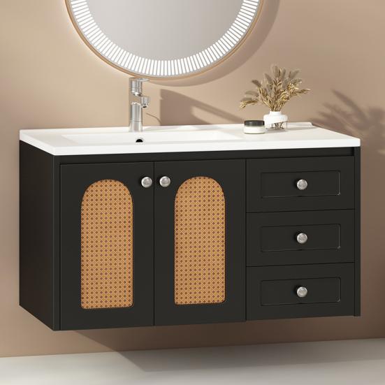 Bathroom Sink Cabinet with 3 Drawers Modern Black Rattan Element Heavy Duty Lavatory Wall Mount Ceramic Wash Basin Vanity Cabinet