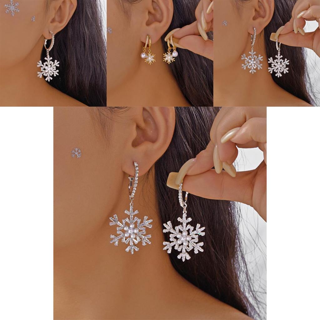 Christmas Snowflake Earrings With Zirconia And Pearl For Women Holiday Accessory