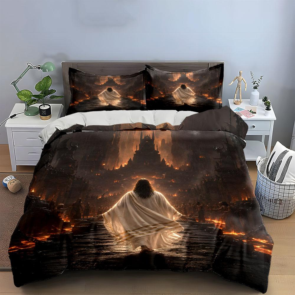 Figure facing flaming castle. Bedding sets Duvet cover sets Duvet covers Pillowcases(1*Duvet Cover 2*Pillowcases without duvet insert)