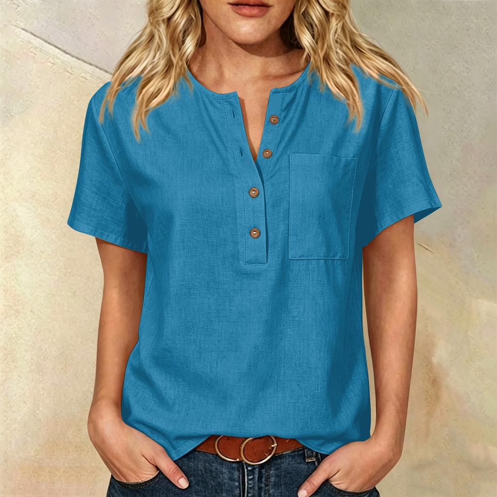 Women Short Sleeve Henley Neck Button Down Linen Cotton Shirt with Chest Pocket Relaxed Fit Casual Top Blouse for Daily Wear