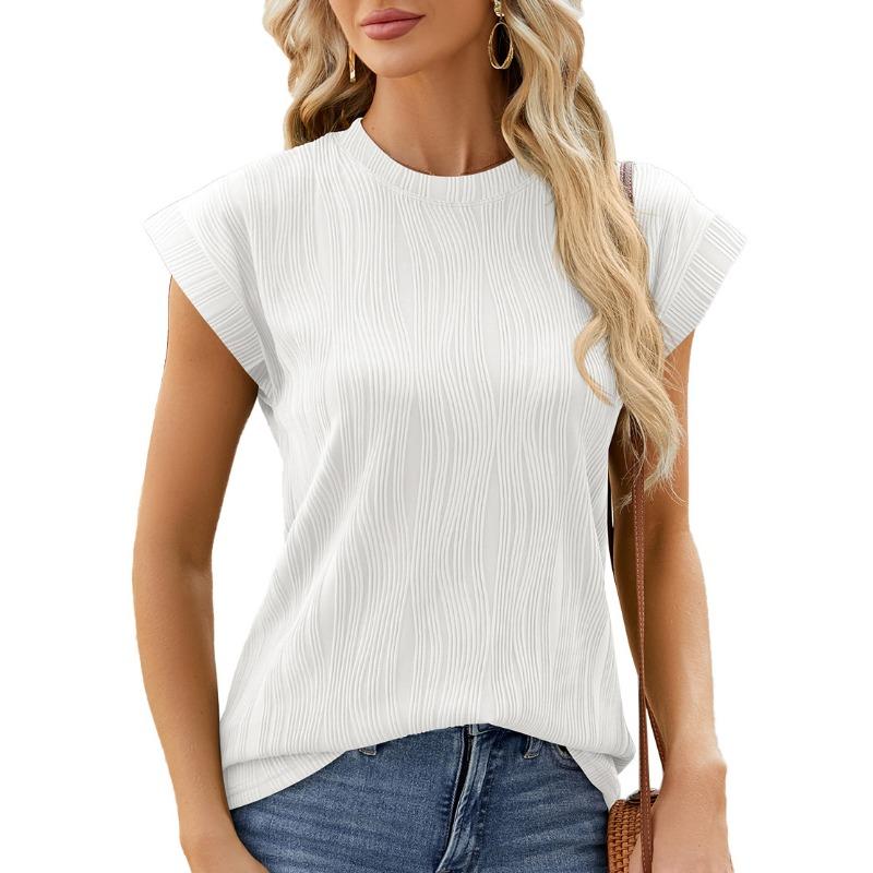 Women's Summer Solid Color Crew Neck Cover Shoulder Sleeve T-shirt Top Vest