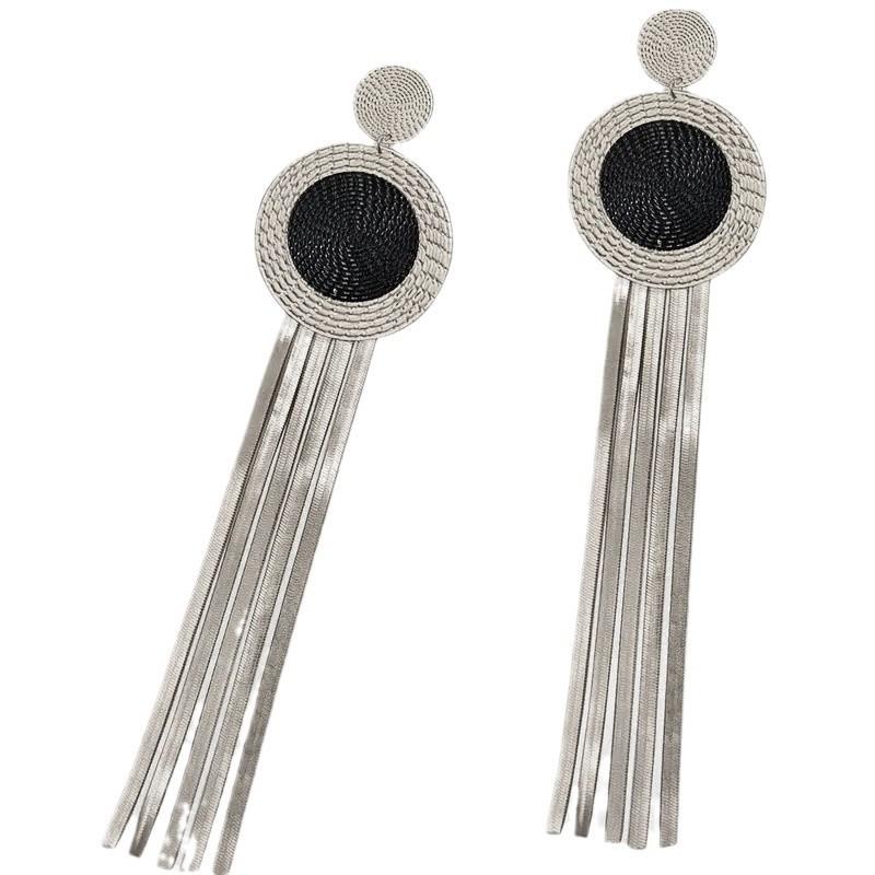 Personality Fashion Exaggerated Fringed Earrings Black Gold Color Scheme Disc Classic Temperament Elegant and Advanced