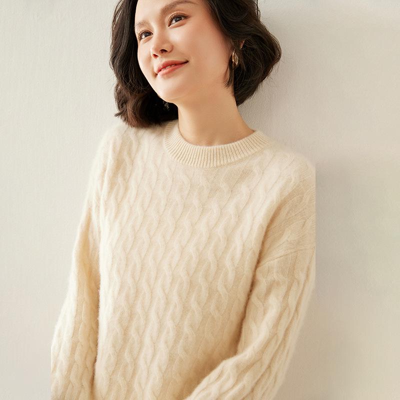 Women's Slim Fit Retro Cable Knit Cashmere Sweater - Round Neck Pullover, Base Layer for Autumn/Winter.
