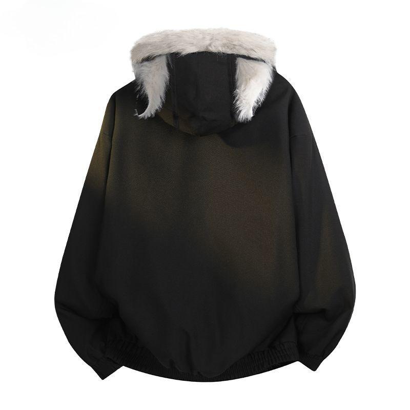Women Winter Thicken Cotton Jacket Cat Ear Faux Fur Hoodie Cute Print Warm Parka Coat