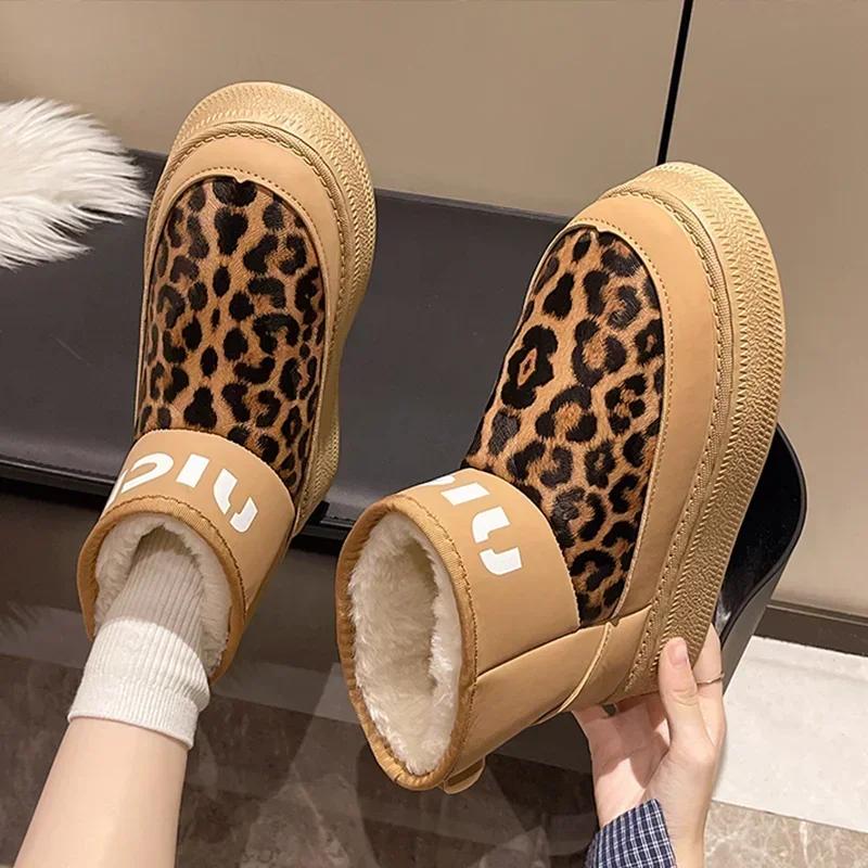 Fashion Leopard Women Fur Snow Boots Ankle Flats Platform Shoes 2025 Winter Short Plush Warm Women Boots Sport Shoes Botas Chelsea Mujer