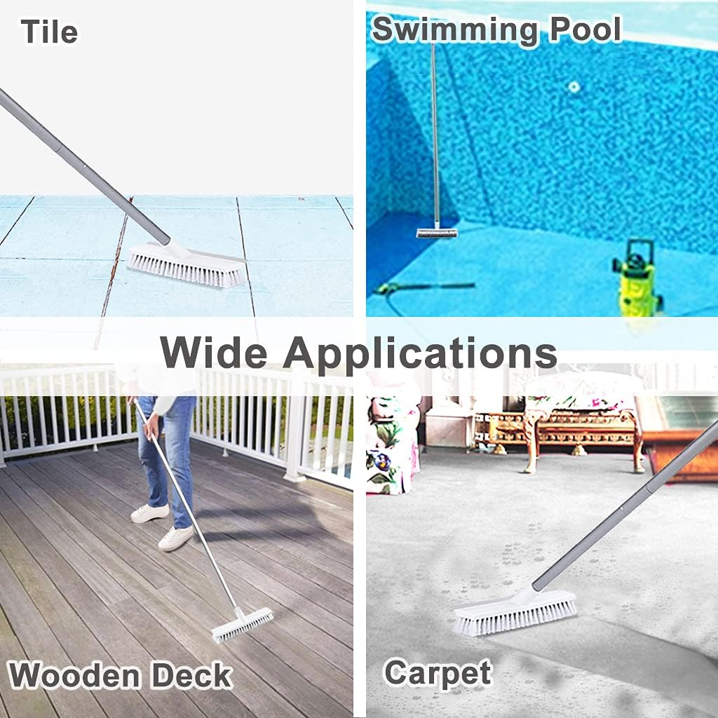 Floor Scrub Brush with Long Handle 54''- Stiff Bristle 2 In 1 Shower Scrubber with Squeegee Cleans Kitchen, Wall, Tile, Grout, Tub and Carpet, Brush