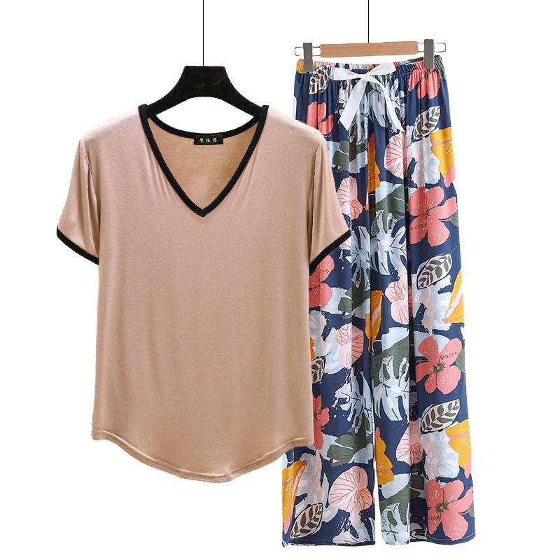 Modal Loungewear V-Neck color-block Tshirt and Floral Wide leg pants Summer Thin Pajamas sets Casual Plus size Homewear 2pcs suit Comfort clothing