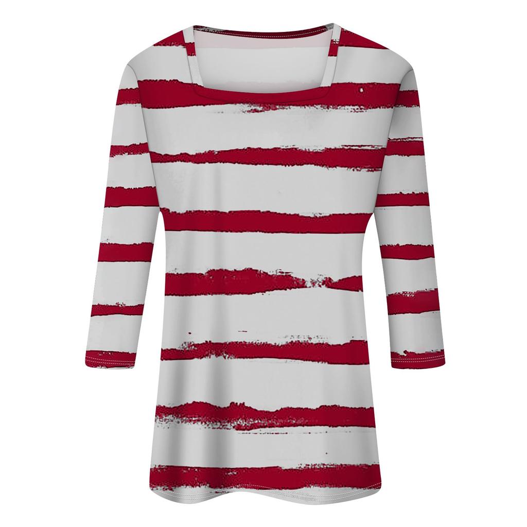 Košile pro dámskou módu Neformální dámské tričko s čtvercovým výstřihem, 3/4 rukávem, volným potištěným tričkem