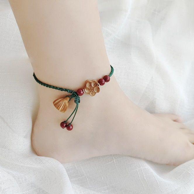 Ethnic Style Peach Wood & Cinnabar Red Rope Anklet with Lotus Pod Design - Women's Braided Rope Lucky Charm Gift.
