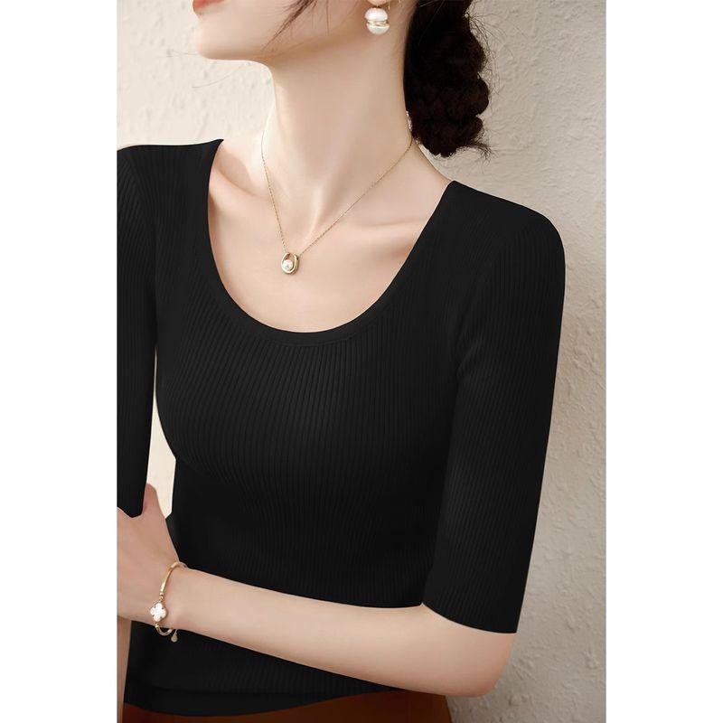 

Wool U-Collar Black Half-Sleeved Base Top Sweater Black XL