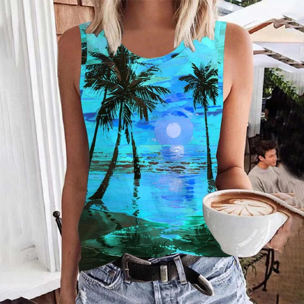 Hawaiian Coconut Tree 3D Printed Women's Summer Round Neck Casual Vest