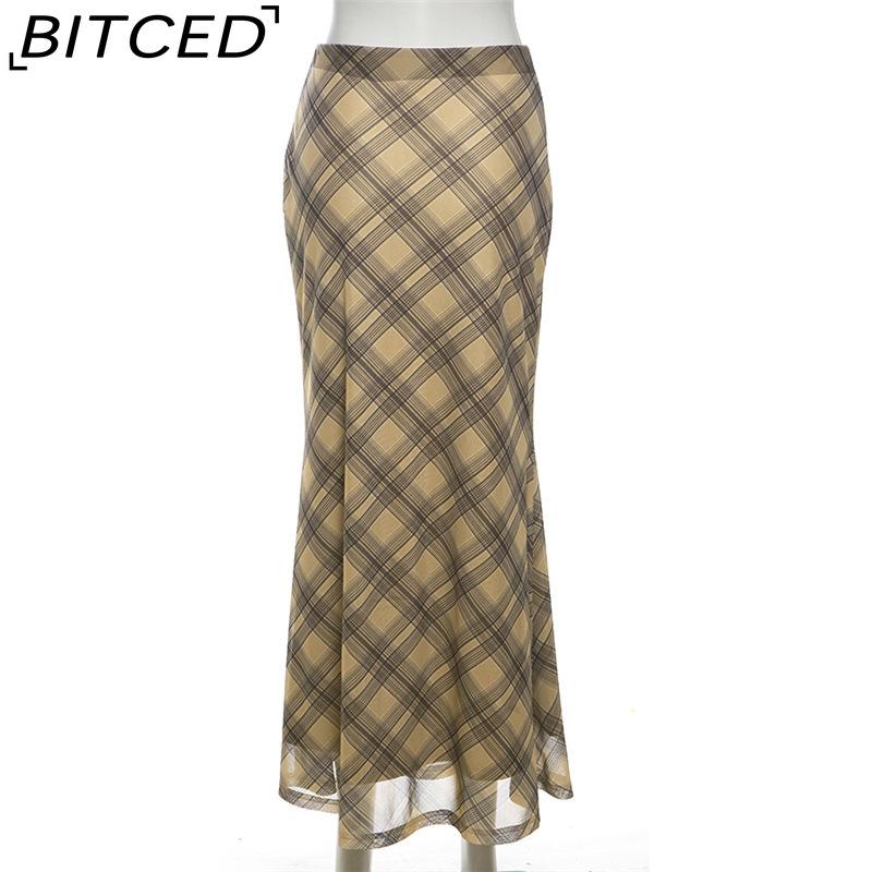 BITCED Summer Women's Solid-Color Slim-Fit Pencil Skirt Street Style High-Waisted Plaid Skirt
