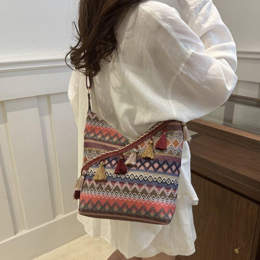 Vintage Ethnic Style Crossbody Bags Large Capacity Fringe Shoulder Bag Bohemian Tote Bag  Travel