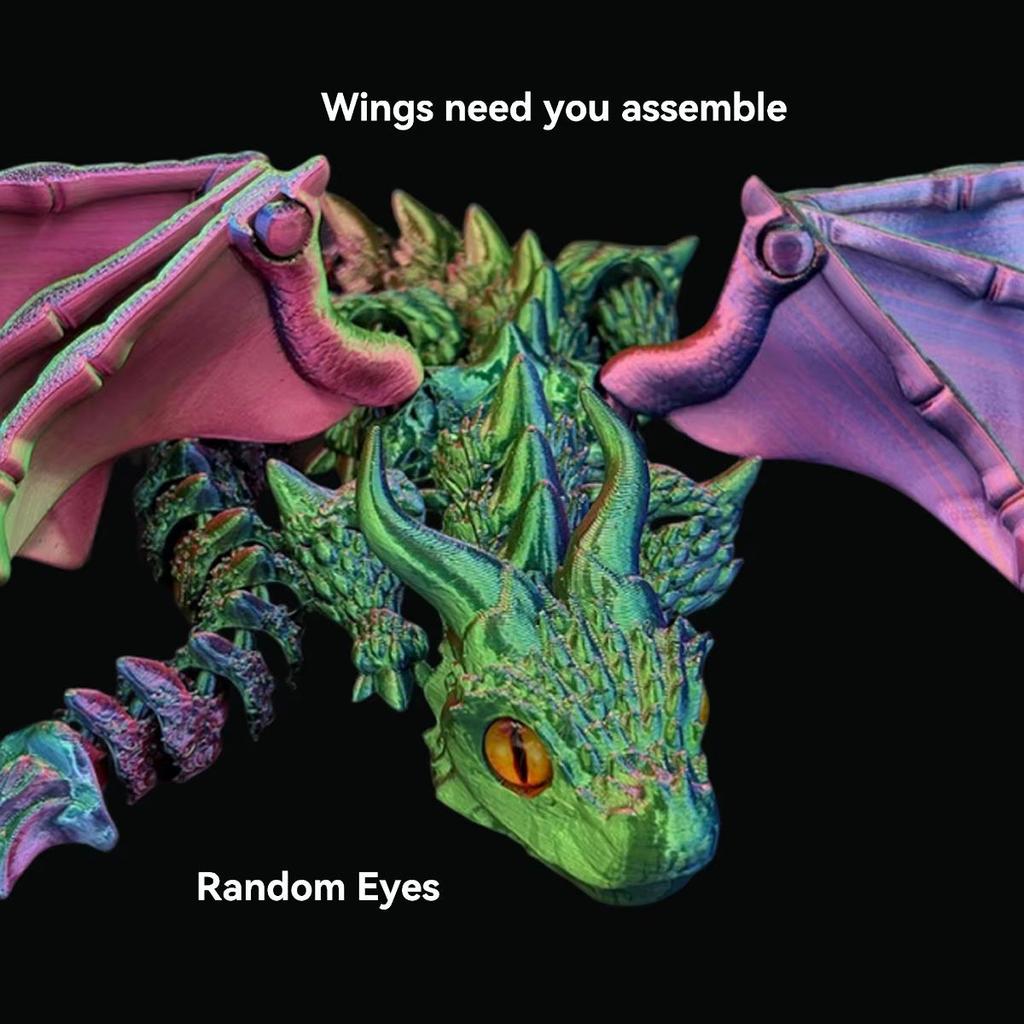 1 peça de estatueta de dragão com carruagem alada impressa em 3D com olhos aleatórios, escultura de dragão em resina Art Déco, decoração de mesa com tema animal