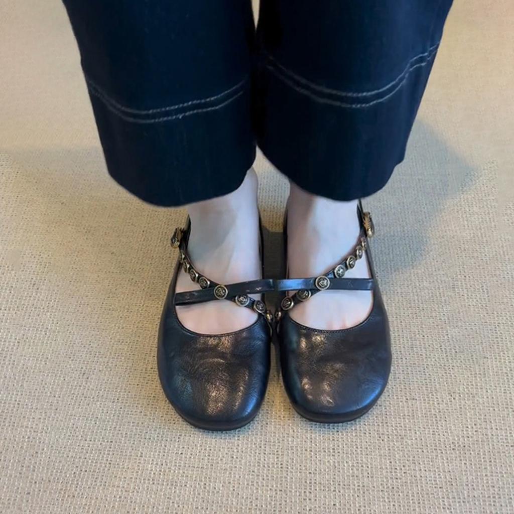 Sheepskin Version~ French Retro Shallow Mouth One-word Buckle Bow Single Shoes Flat Leather One-pedal Mary Jane Shoes Women