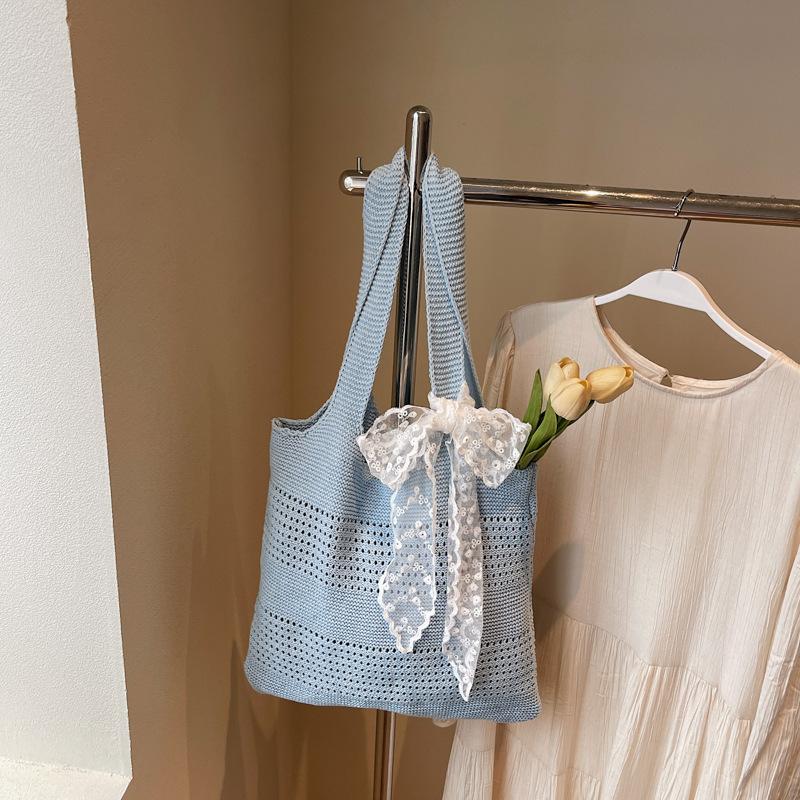 

Summer Beach Tote Bag Women New Fashion Hollow Out Weave Shoulder Bags Female Lace Decorate Handbags CLE 35x10x33cm синий