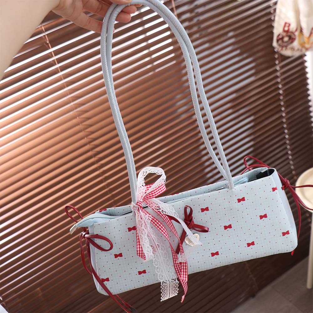 Sweet French Stick Handbag Lace Ribbon Underarm Bags Shopping Bow PU Shoulder Bag Daily