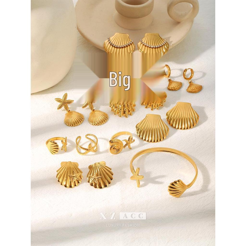 Europäisch-amerikanischer Stil Ozean-Thema 18K Gold Titanstahl Muschel und Seestern Ohrringe