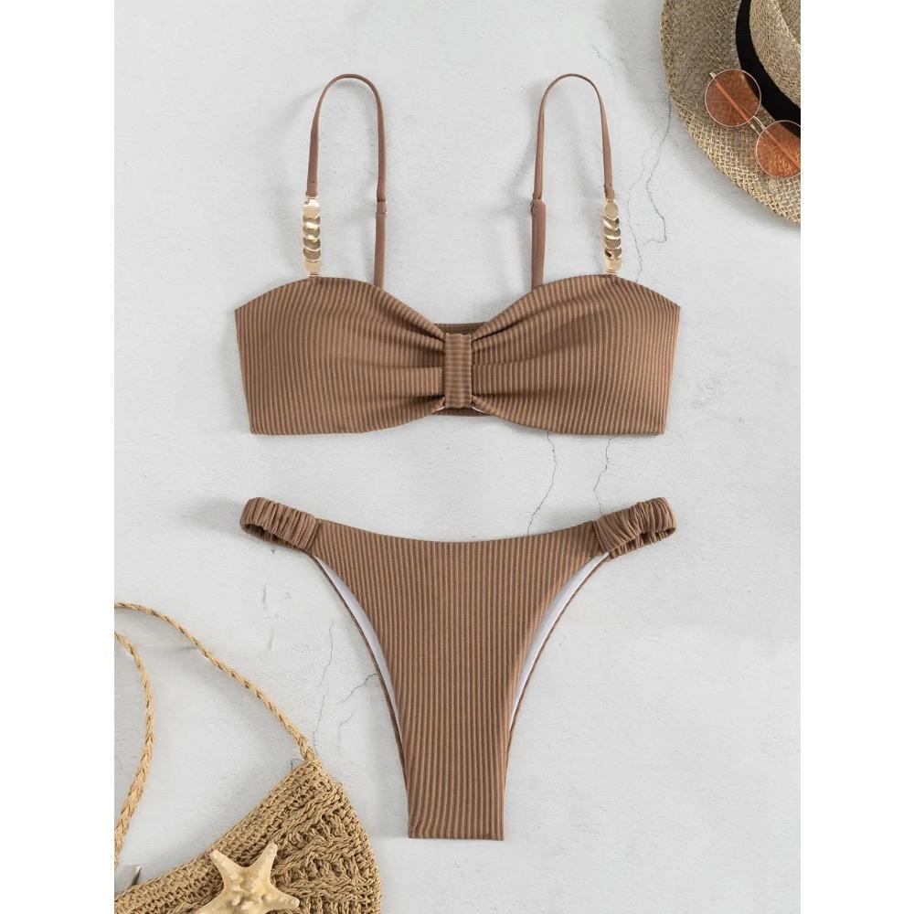 

Сексуальний купальник бікіні пуш-ап з бантиком спереду 2025 Жіночий купальник з металевими бретелями, порожнистим бюстгальтером плісе та стрінгами, літній купальник для плавання білого кольору M кавовий