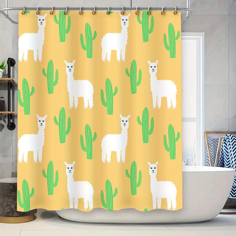Outdoor shower curtain with cute llama cactus design for bathroom decor in yellow green pattern free shipping worldwide