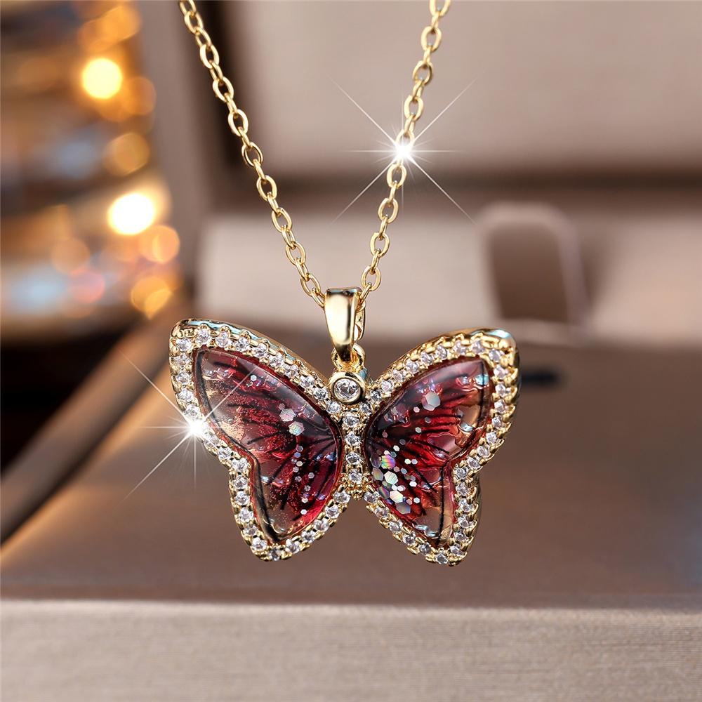 Female Crystal White Zircon Red Stone Cute Butterfly Pendant Necklace Vintage Gold Color Wedding  For Women