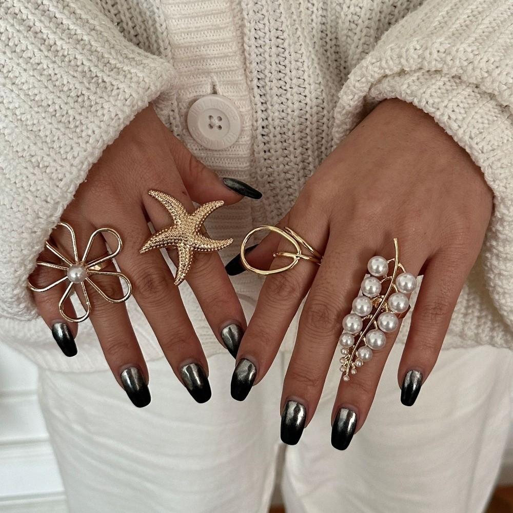 Exaggerated Starfish Ring Gold Color Flower Ring Romantic Pearl Ring Friends