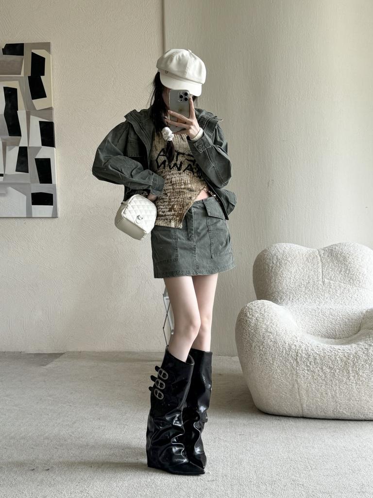 European and American style metal buckle pointed head wedge heel thin trouser tube boots