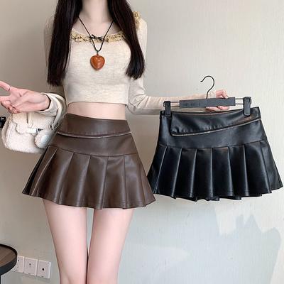 Falda plisada con cremallera de cuero PU negro Y2K para mujer, nueva falda de otoño de cintura alta antiluz, estilo vintage coreano