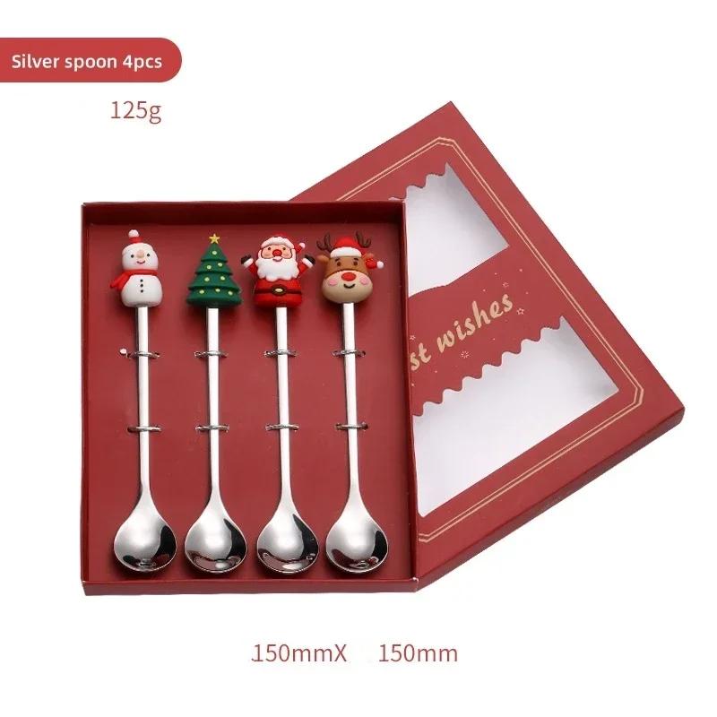 4/6PCS Christmas Gifts Stainless Steel Spoons Forks Set Decoration Glod Silver Elk Deer Dessert Coffee Spoon for Kids Gift Box